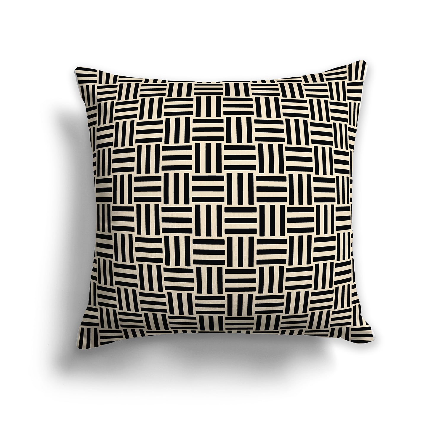 Beige Throw Pillow with Black Basket Weave Pattern on Both Sides, square