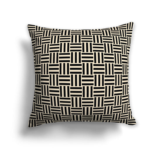 Beige Throw Pillow with Black Basket Weave Pattern on Both Sides, square