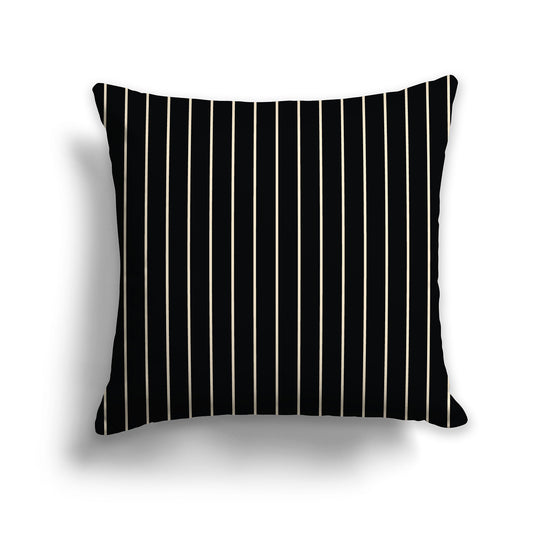 Black Throw Pillow with Fine Beige Vertical Stripes on Front, square