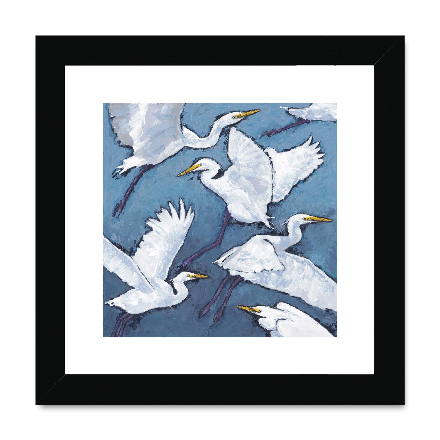 Framed Fine Art Print, White Mat,White Herons in Acrylic, FPS-1020-001, 8"x8", Black Frame
