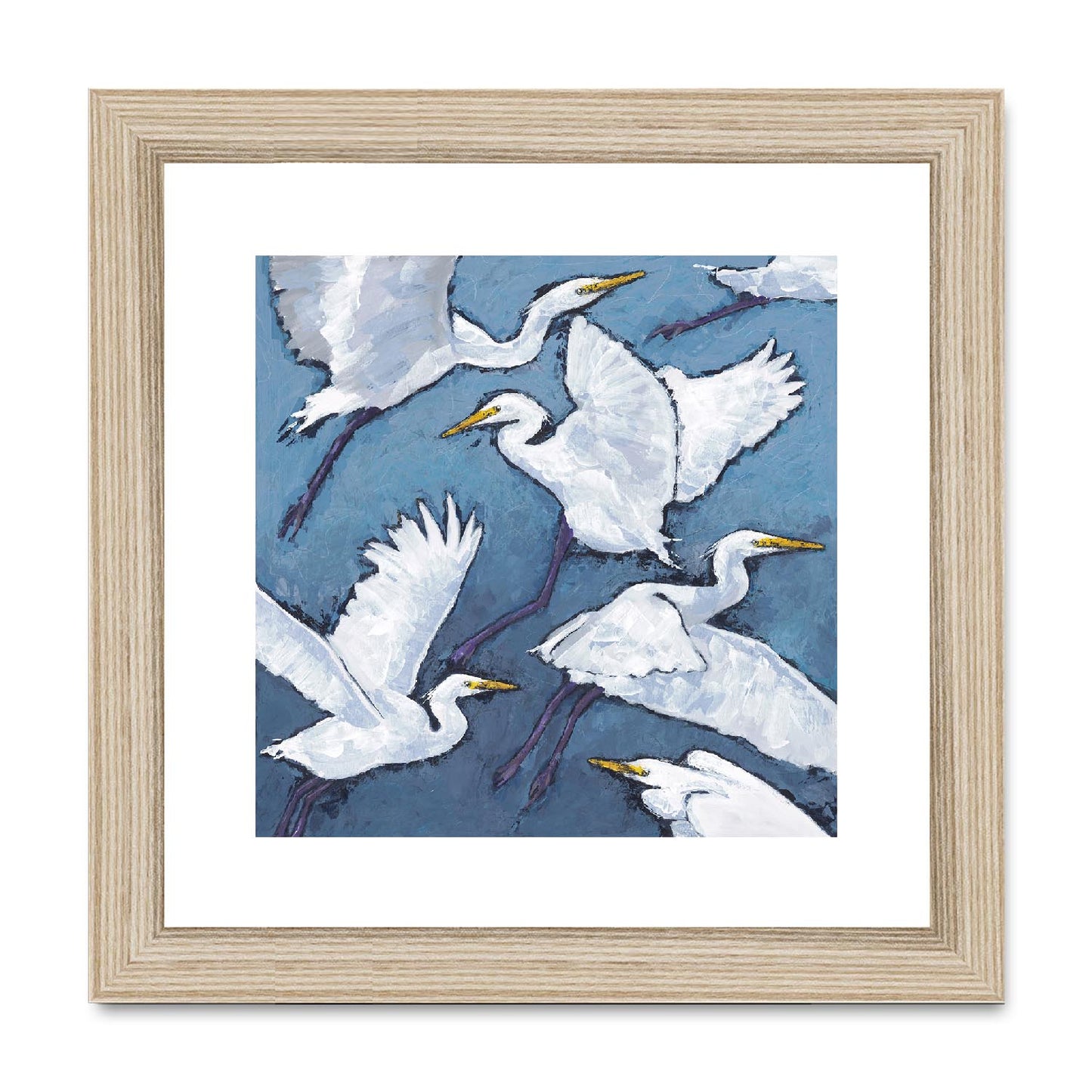 Framed Fine Art Print, White Mat,White Herons in Acrylic, FPS-1020-001, 8"x8", Natural Frame