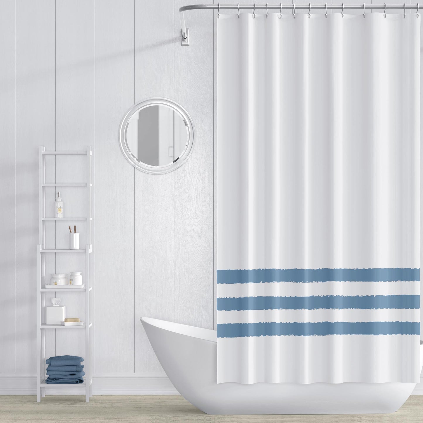 White Shower Curtain with Medium Blue Hand-painted Stripe Print | SC-1021