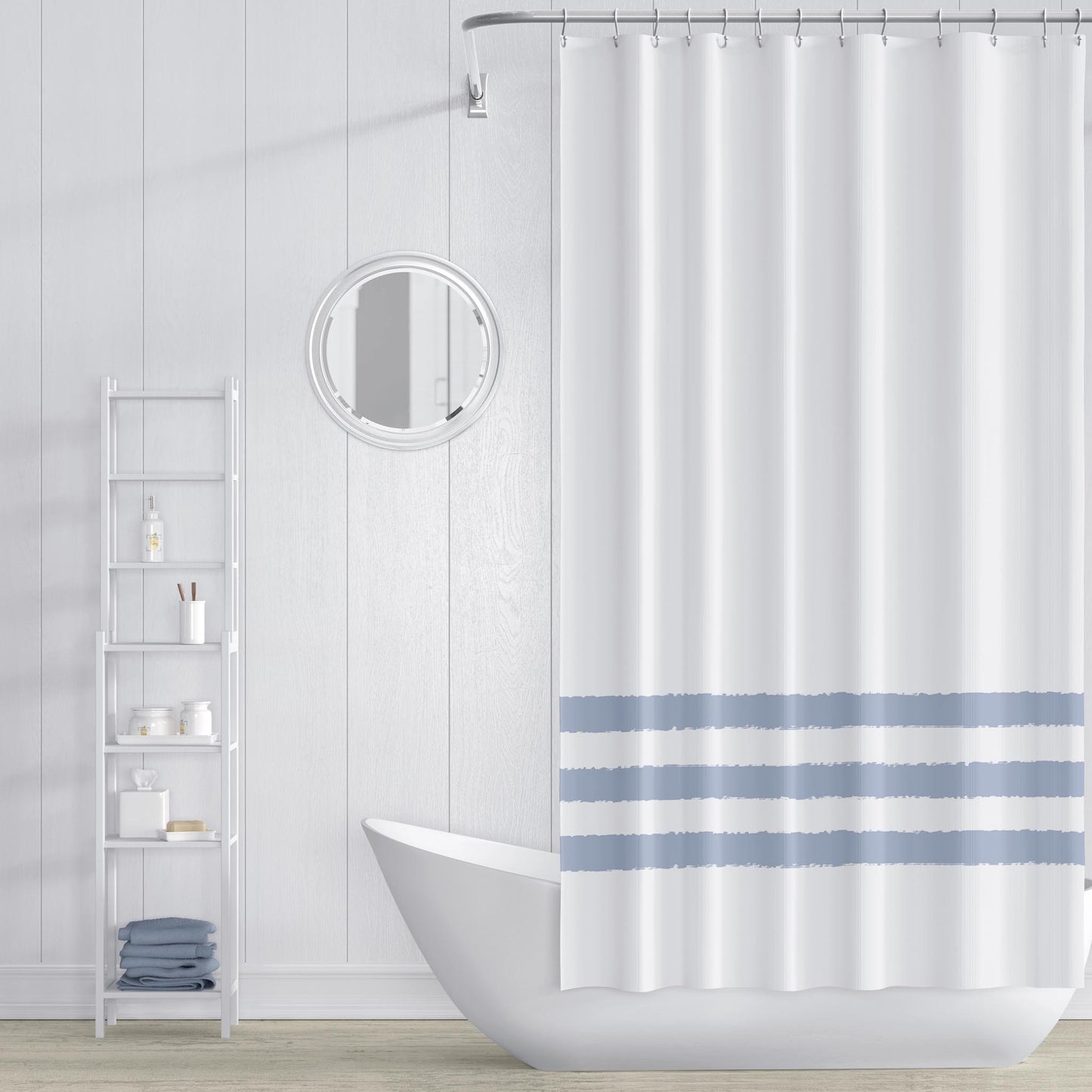 White Shower Curtain with Blue-Grey Hand-painted Stripe Print | SC-1022