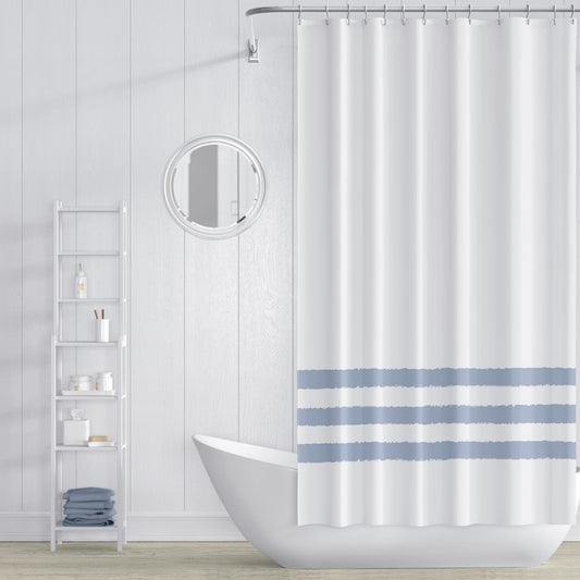 White Shower Curtain with Blue-Grey Hand-painted Stripe Print | SC-1022