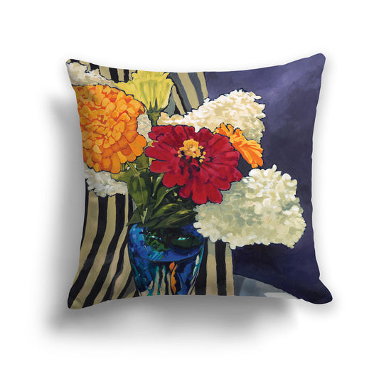 Square Throw Pillow with fine art painting of hydrangeas and zinnias