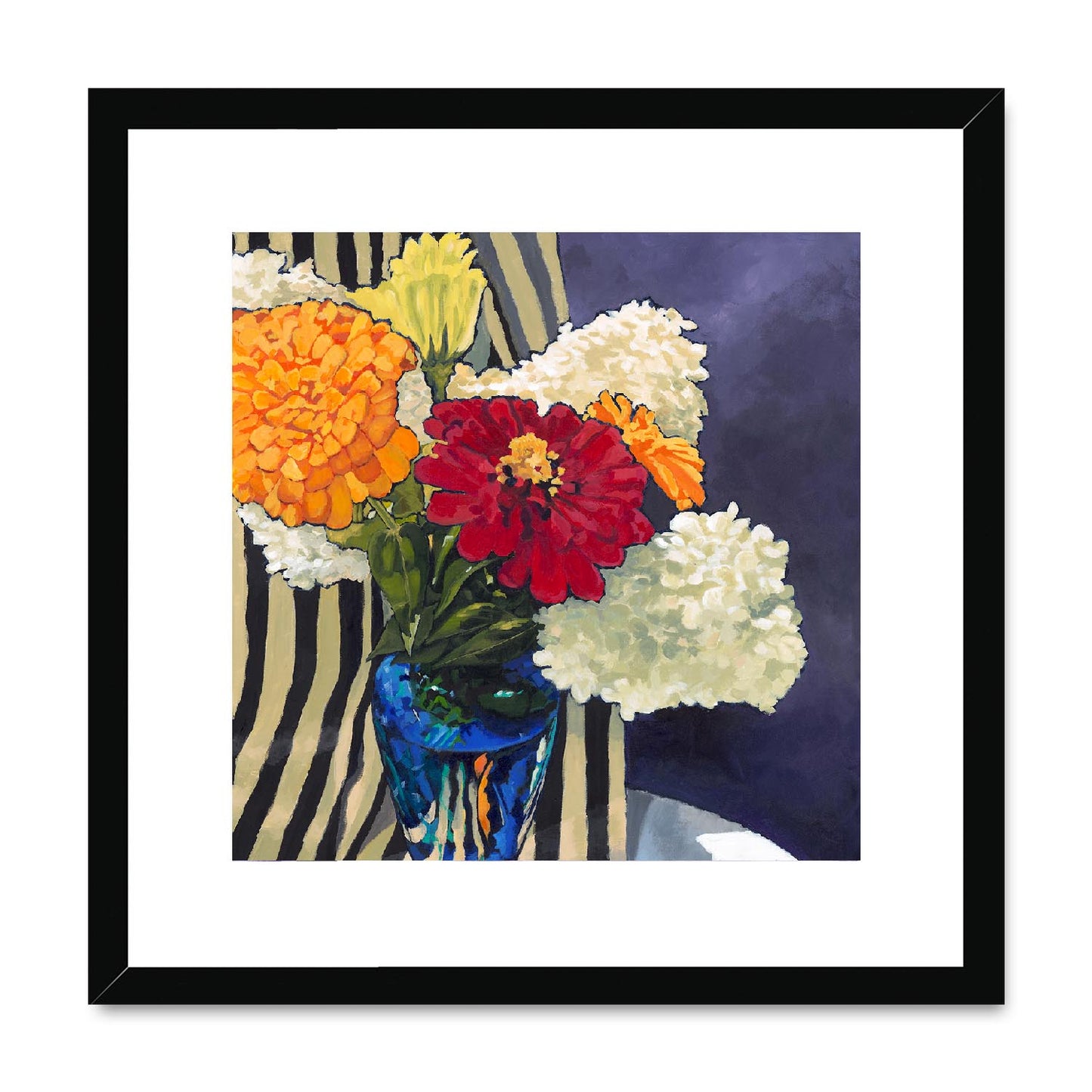 Framed Fine Art Print, White Mat,Hydrangeas & Zinnias in Acrylic, FPS-1030, 16"x16", Black Frame