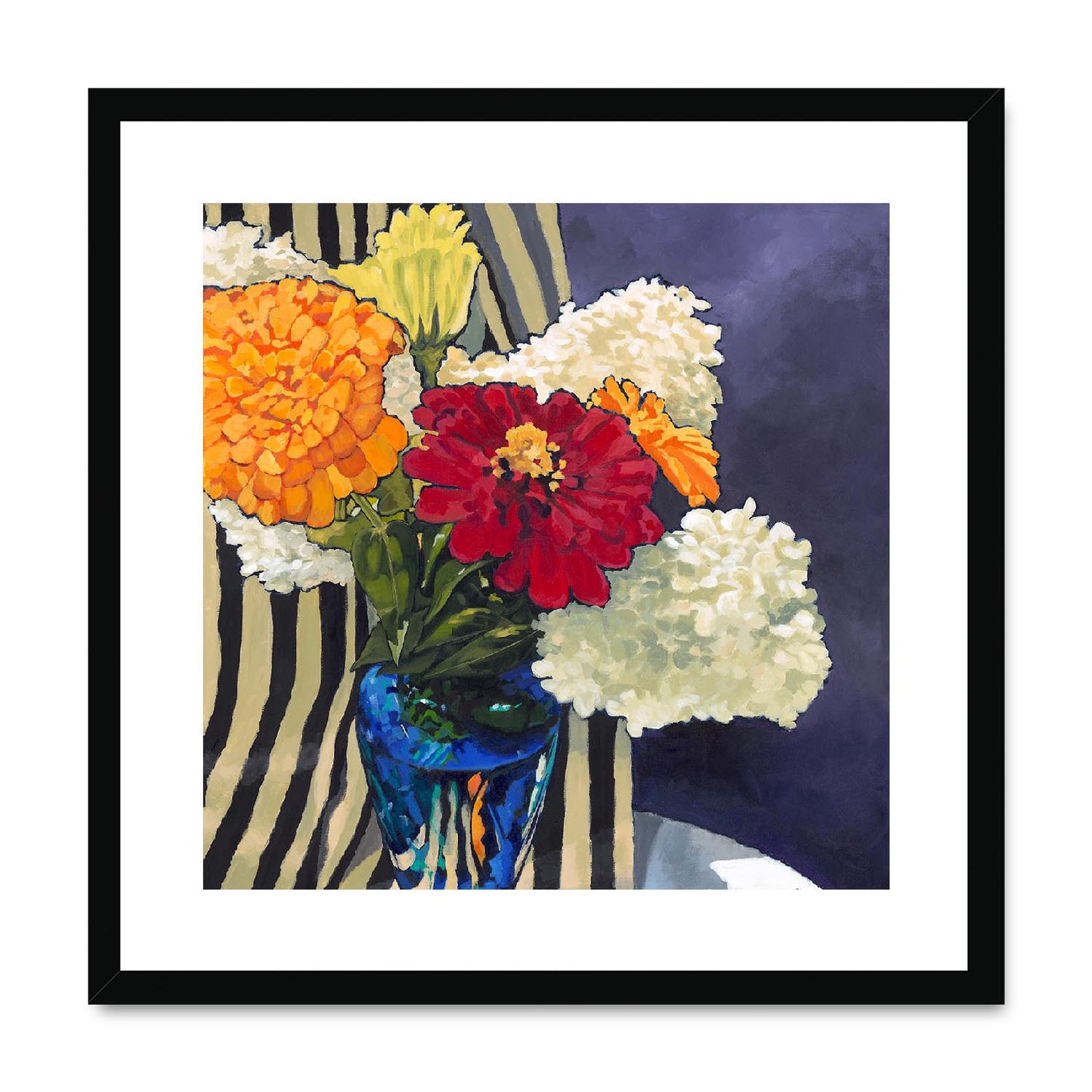 Framed Fine Art Print, White Mat,Hydrangeas & Zinnias in Acrylic, FPS-1030, 20"x20", Black Frame