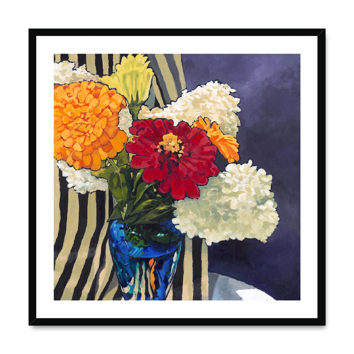 Framed Fine Art Print, White Mat,Hydrangeas & Zinnias in Acrylic, FPS-1030, 28"x28", Black Frame