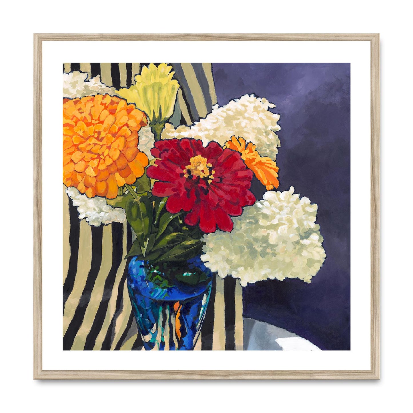 Framed Fine Art Print, White Mat,Hydrangeas & Zinnias in Acrylic, FPS-1030, 28"x28", Natural Frame