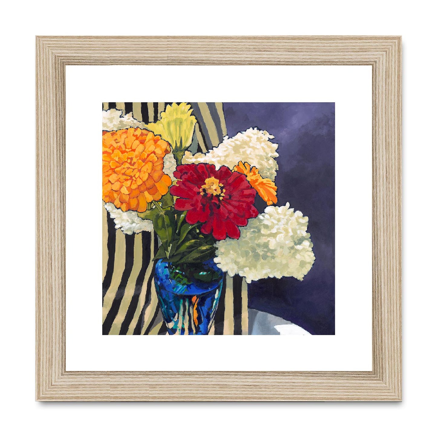 Framed Fine Art Print, White Mat,Hydrangeas & Zinnias in Acrylic, FPS-1030, 8"x8", Natural Frame
