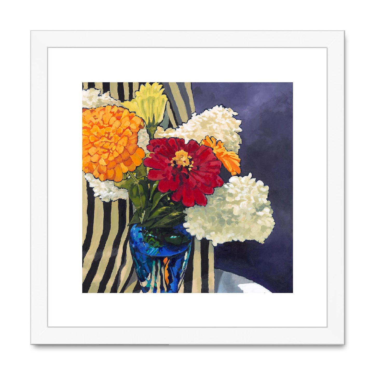 Framed Fine Art Print, White Mat,Hydrangeas & Zinnias in Acrylic, FPS-1030, 12"x12", White Frame