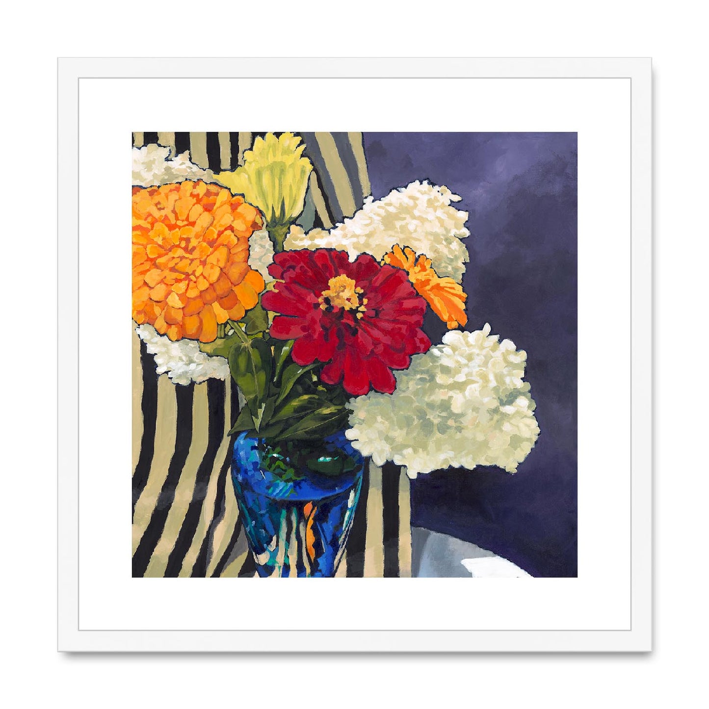 Framed Fine Art Print, White Mat,Hydrangeas & Zinnias in Acrylic, FPS-1030, 20"x20", White Frame