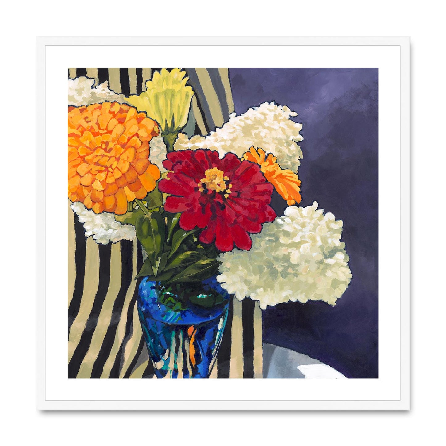 Framed Fine Art Print, White Mat,Hydrangeas & Zinnias in Acrylic, FPS-1030, 28"x28", White Frame