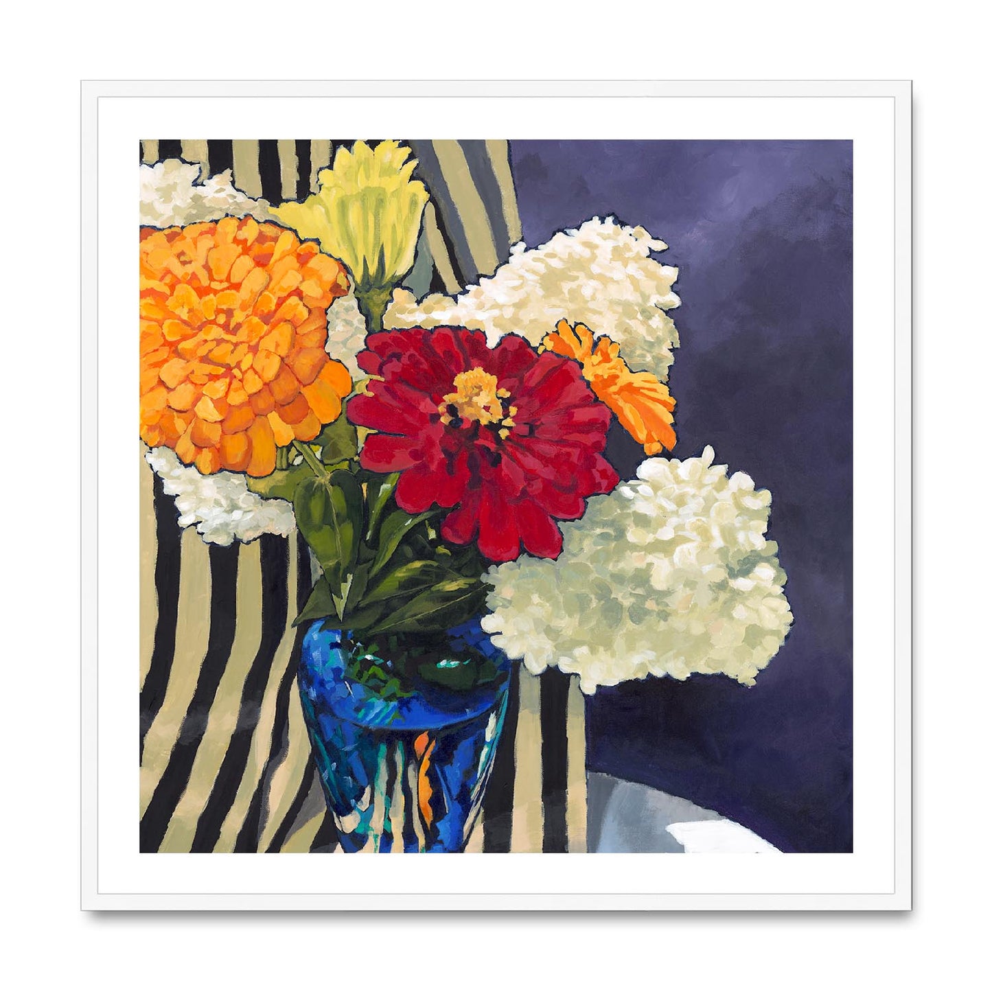 Framed Fine Art Print, White Mat,Hydrangeas & Zinnias in Acrylic, FPS-1030, 36"x36", White Frame