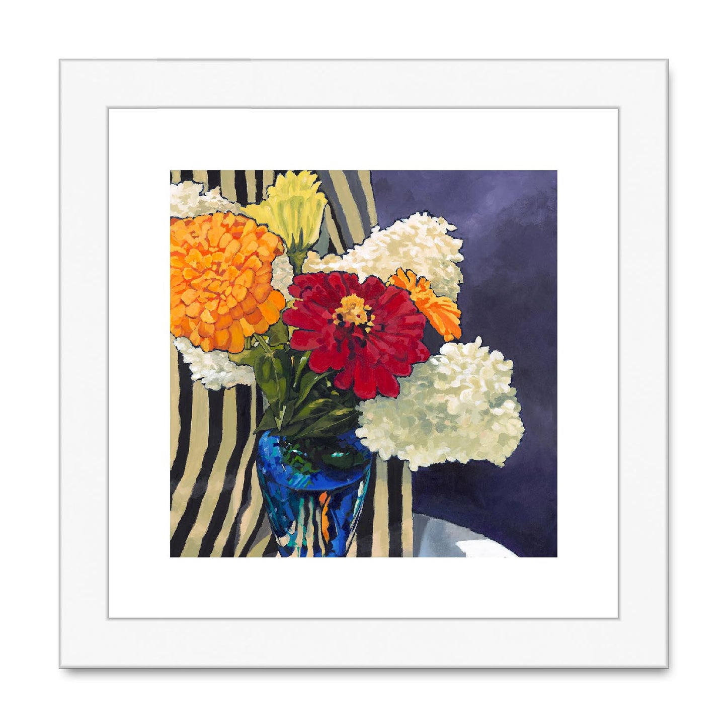 Framed Fine Art Print, White Mat,Hydrangeas & Zinnias in Acrylic, FPS-1030, 8"x8", White Frame