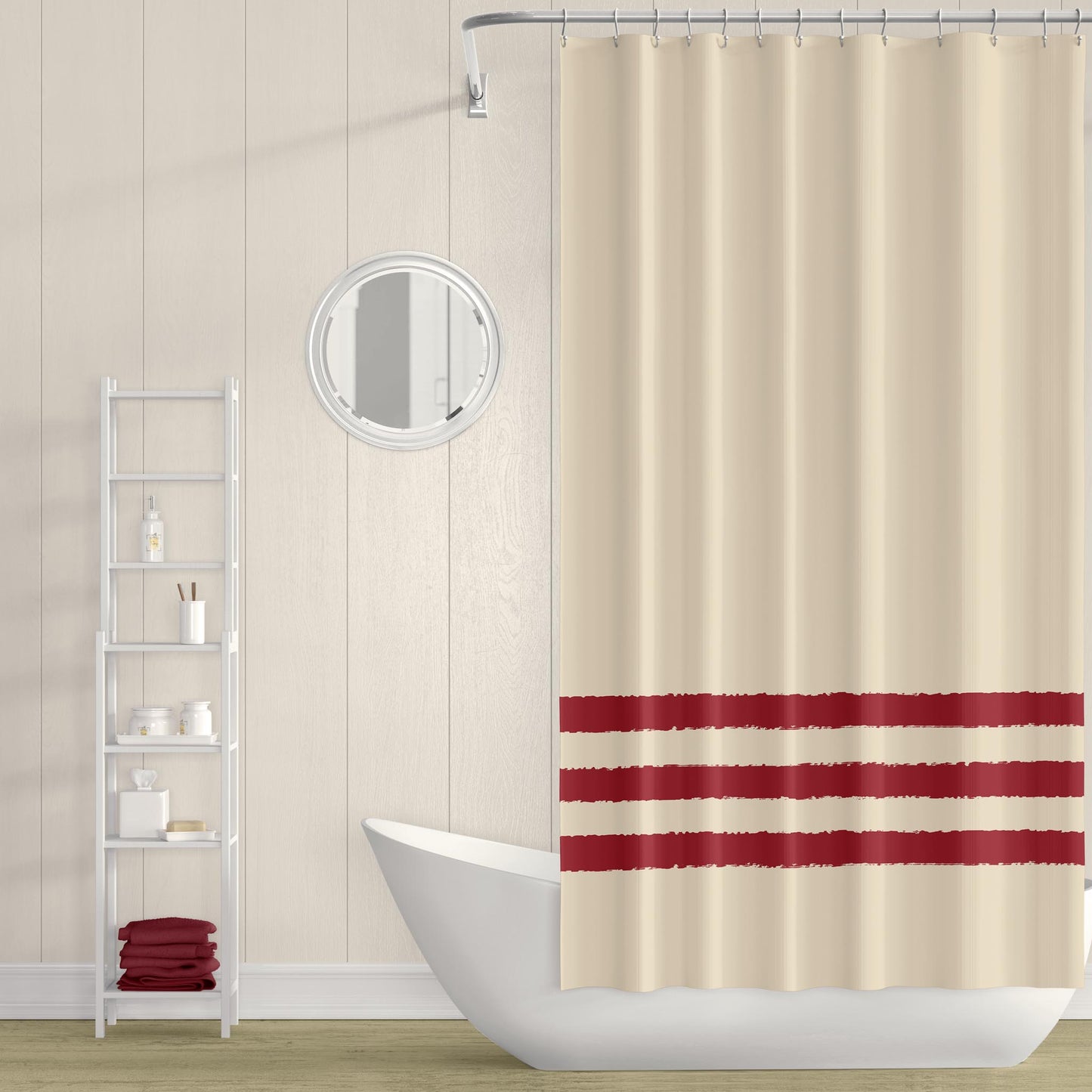 Beige Shower Curtain with Red Hand-painted Stripe Print | SC-1031