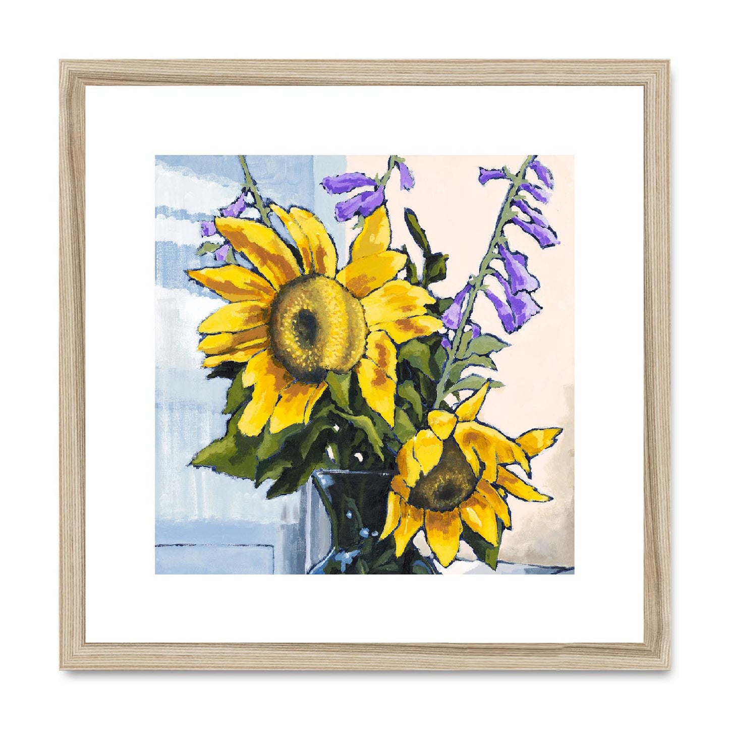 Framed Fine Art Print, White Mat,Sunflowers in Acrylic, FPS-1040, 16"x16", Natural Frame