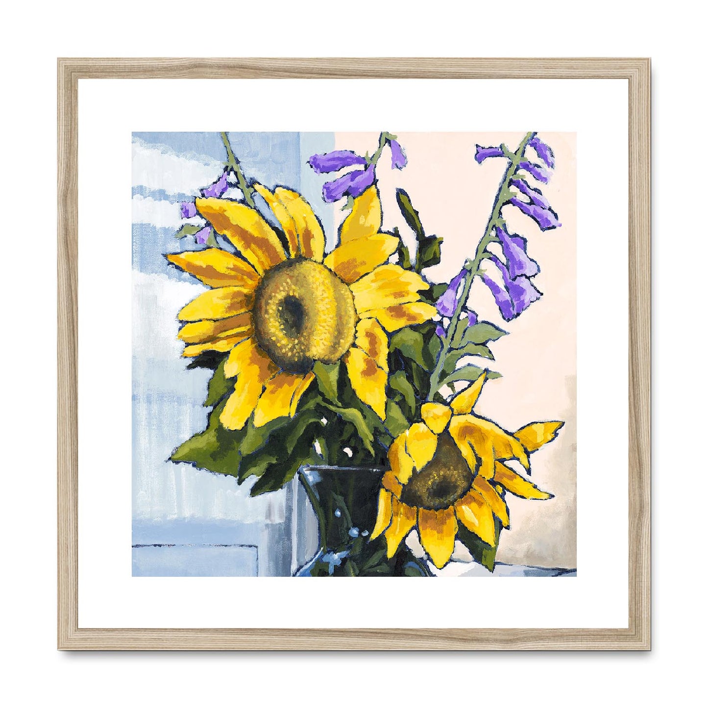 Framed Fine Art Print, White Mat,Sunflowers in Acrylic, FPS-1040, 20"x20", Natural Frame