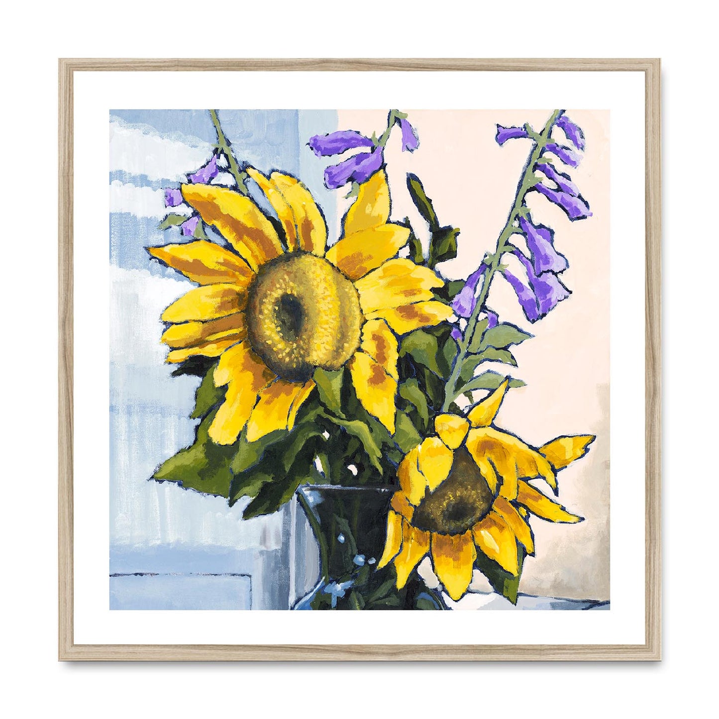 Framed Fine Art Print, White Mat,Sunflowers in Acrylic, FPS-1040, 28"x28", Natural Frame