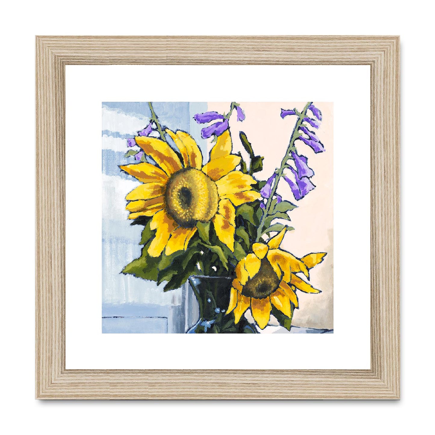Framed Fine Art Print, White Mat,Sunflowers in Acrylic, FPS-1040, 8"x8", Natural Frame