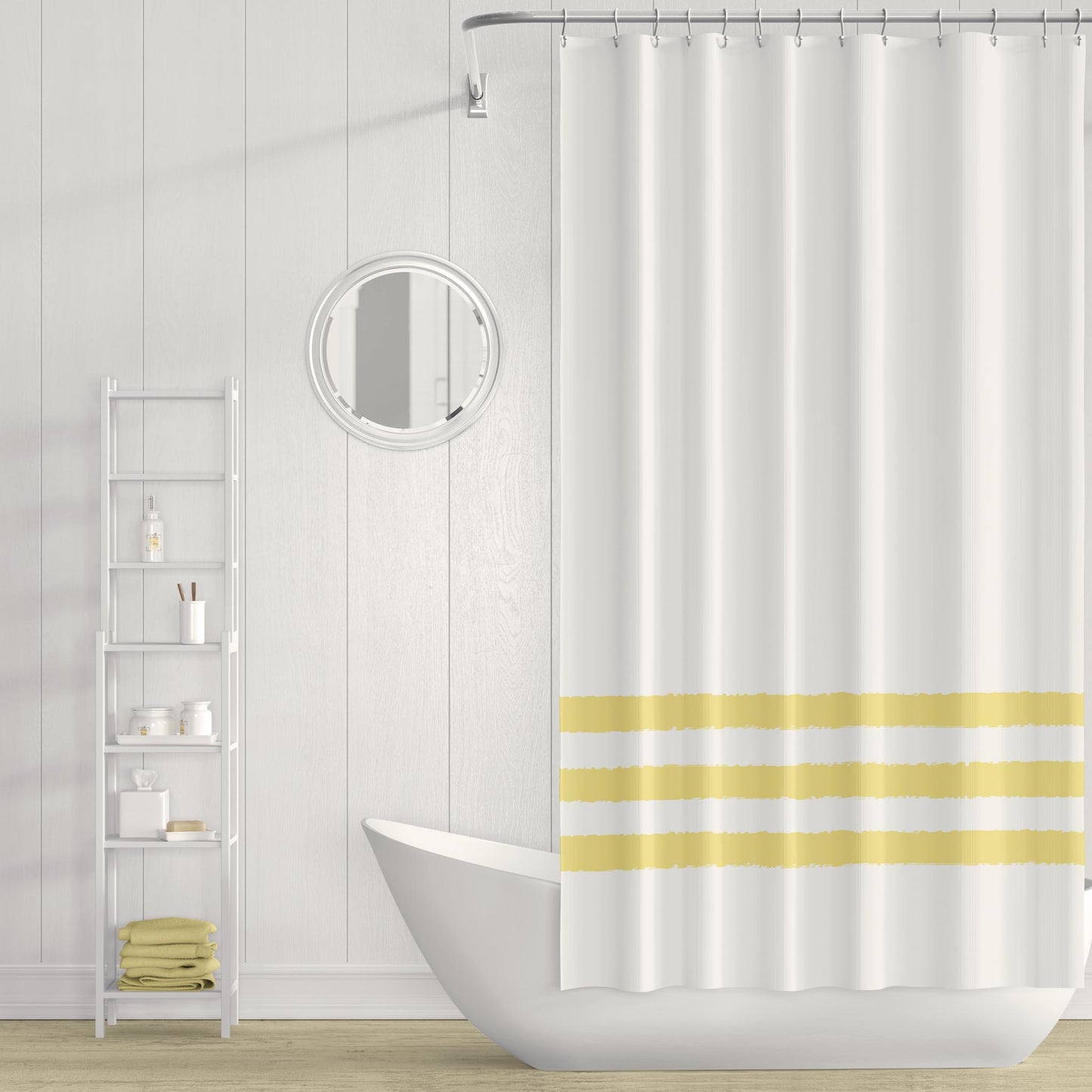 White Shower Curtain with Yellow Hand-painted Stripe Print | SC-1041-167