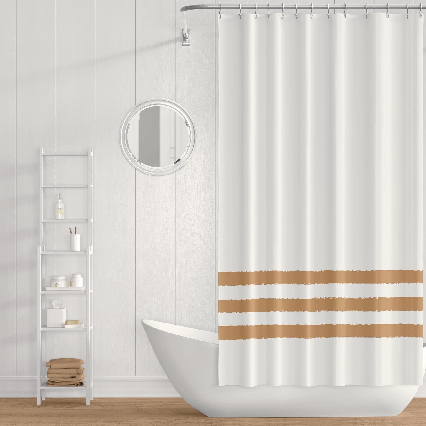 White Shower Curtain with Medium Brown Hand-painted Stripe Print | SC-1043-867