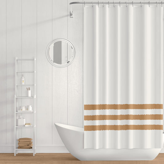 White Shower Curtain with Medium Brown Hand-painted Stripe Print | SC-1043-867