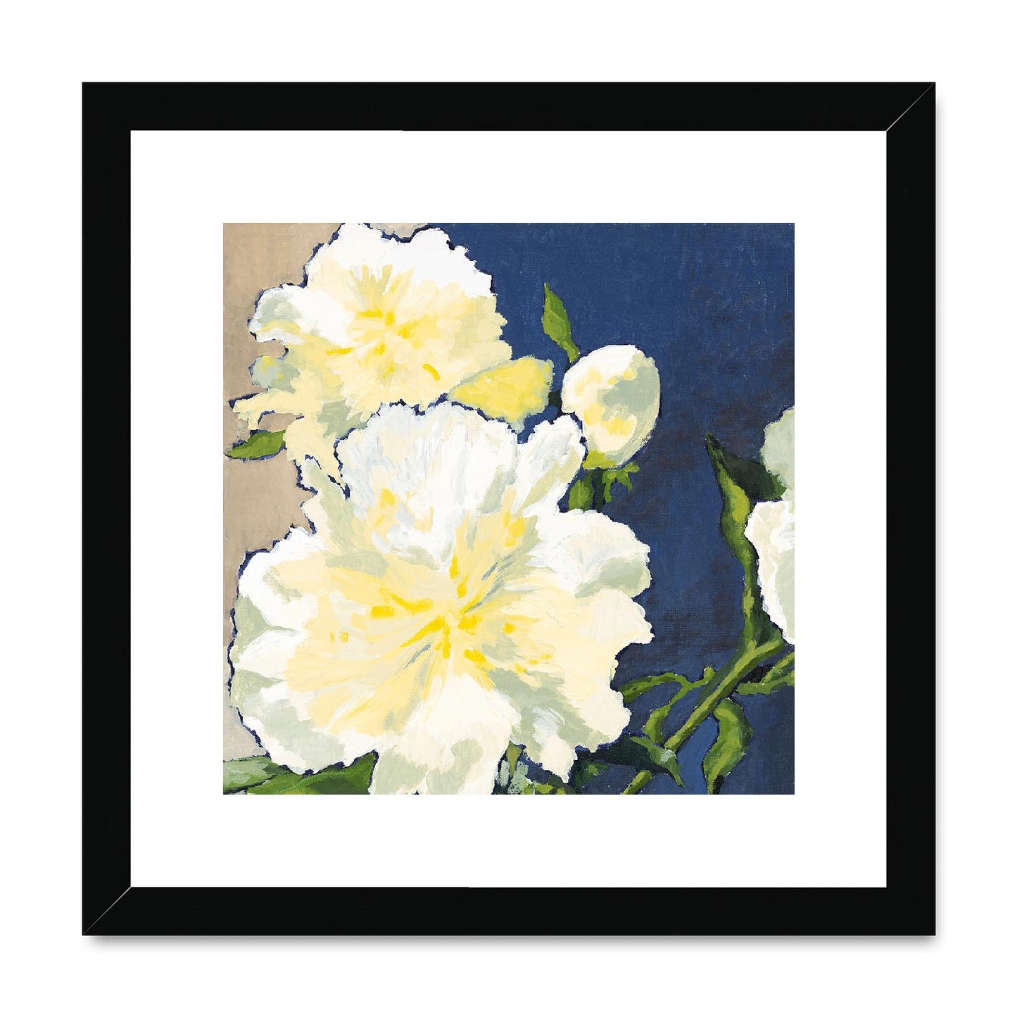 Framed Fine Art Print, White Mat,White Peonies in Acrylic, FPS-1050, 12"x12", Black Frame