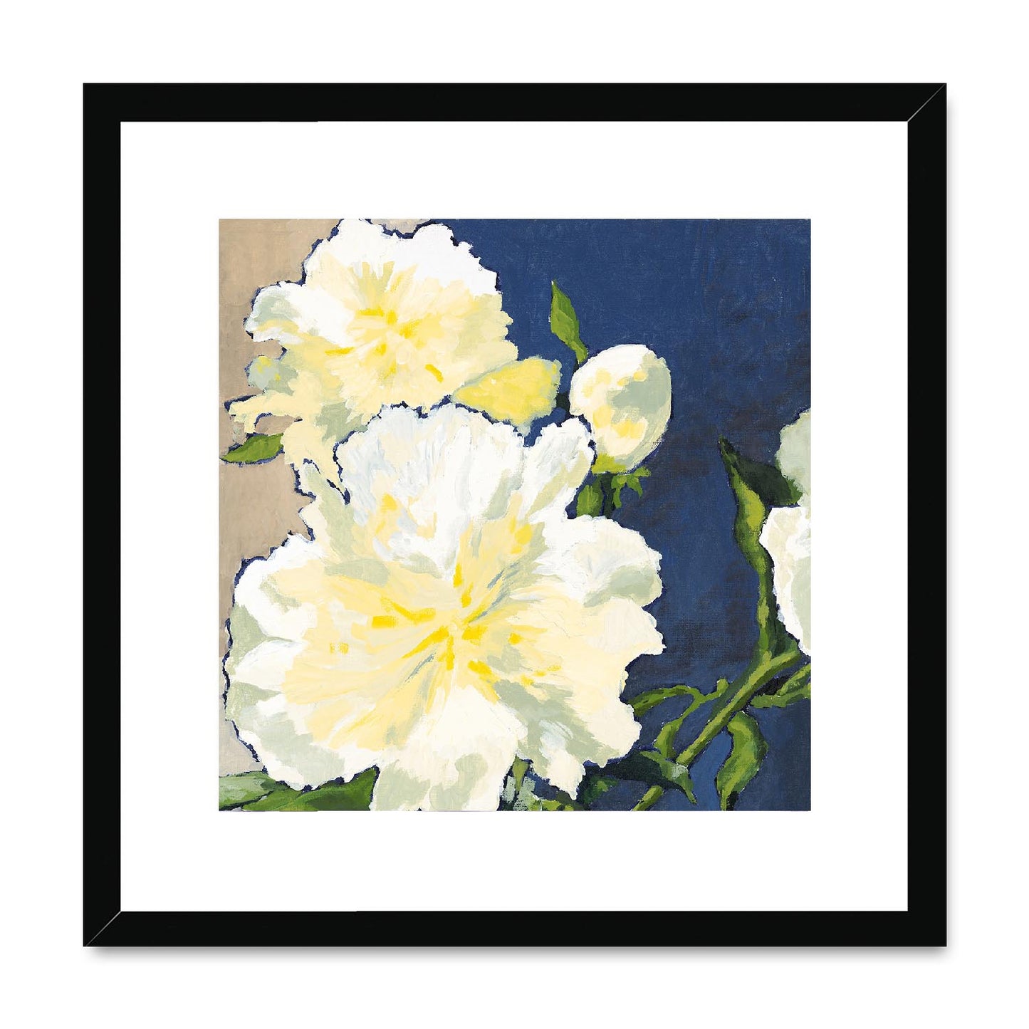 Framed Fine Art Print, White Mat,White Peonies in Acrylic, FPS-1050, 16"x16", Black Frame