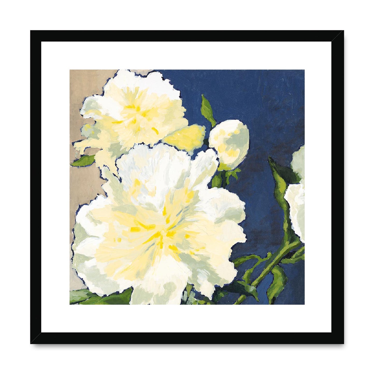 Framed Fine Art Print, White Mat,White Peonies in Acrylic, FPS-1050, 20"x20", Black Frame
