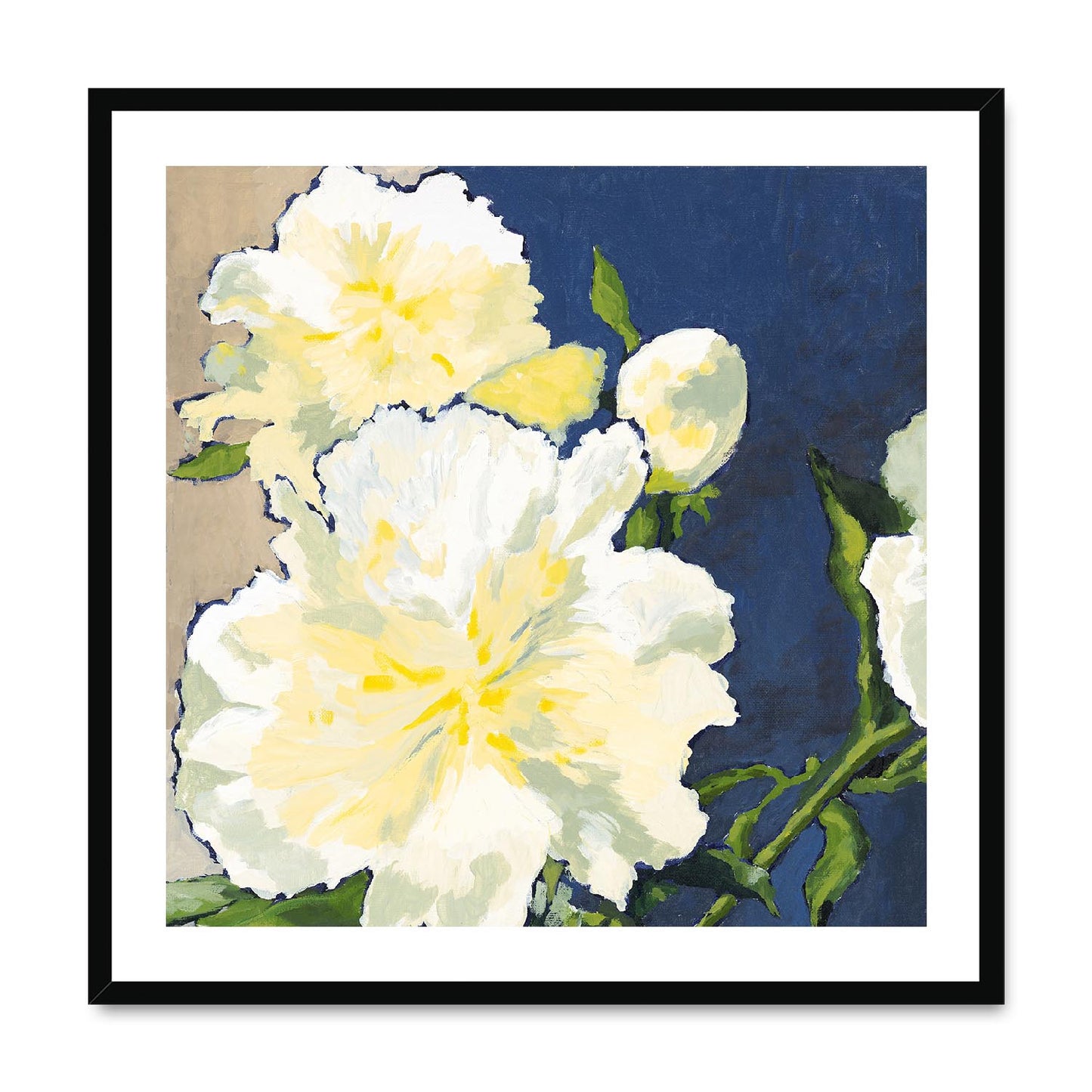 Framed Fine Art Print, White Mat,White Peonies in Acrylic, FPS-1050, 28"x28", Black Frame
