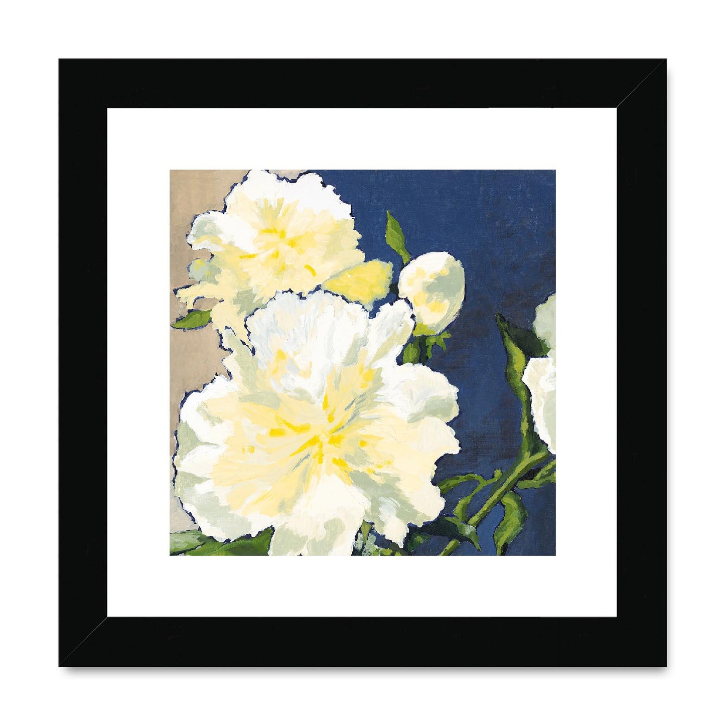 Framed Fine Art Print, White Mat,White Peonies in Acrylic, FPS-1050, 8"x8", Black Frame