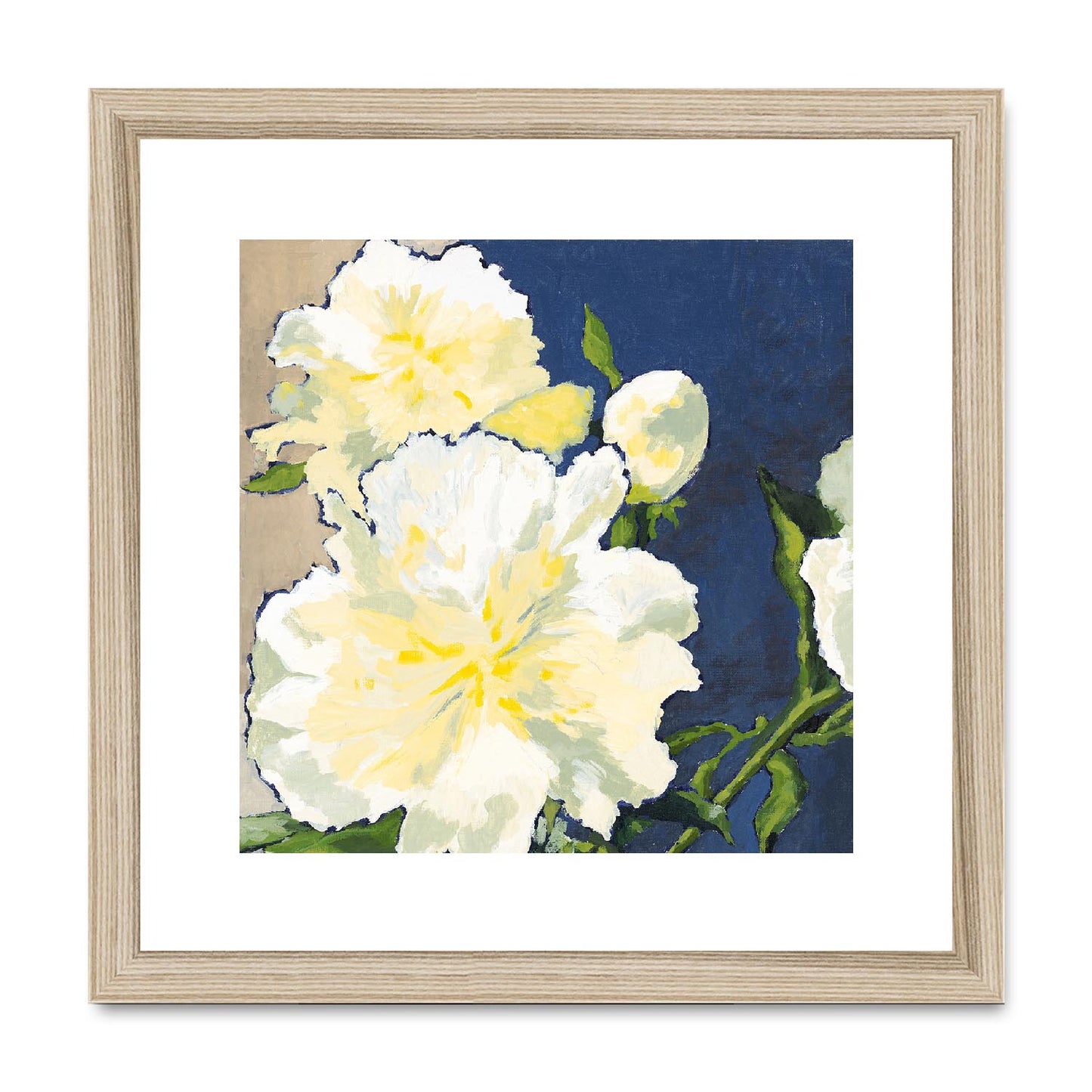 Framed Fine Art Print, White Mat,White Peonies in Acrylic, FPS-1050, 12"x12", Natural Frame