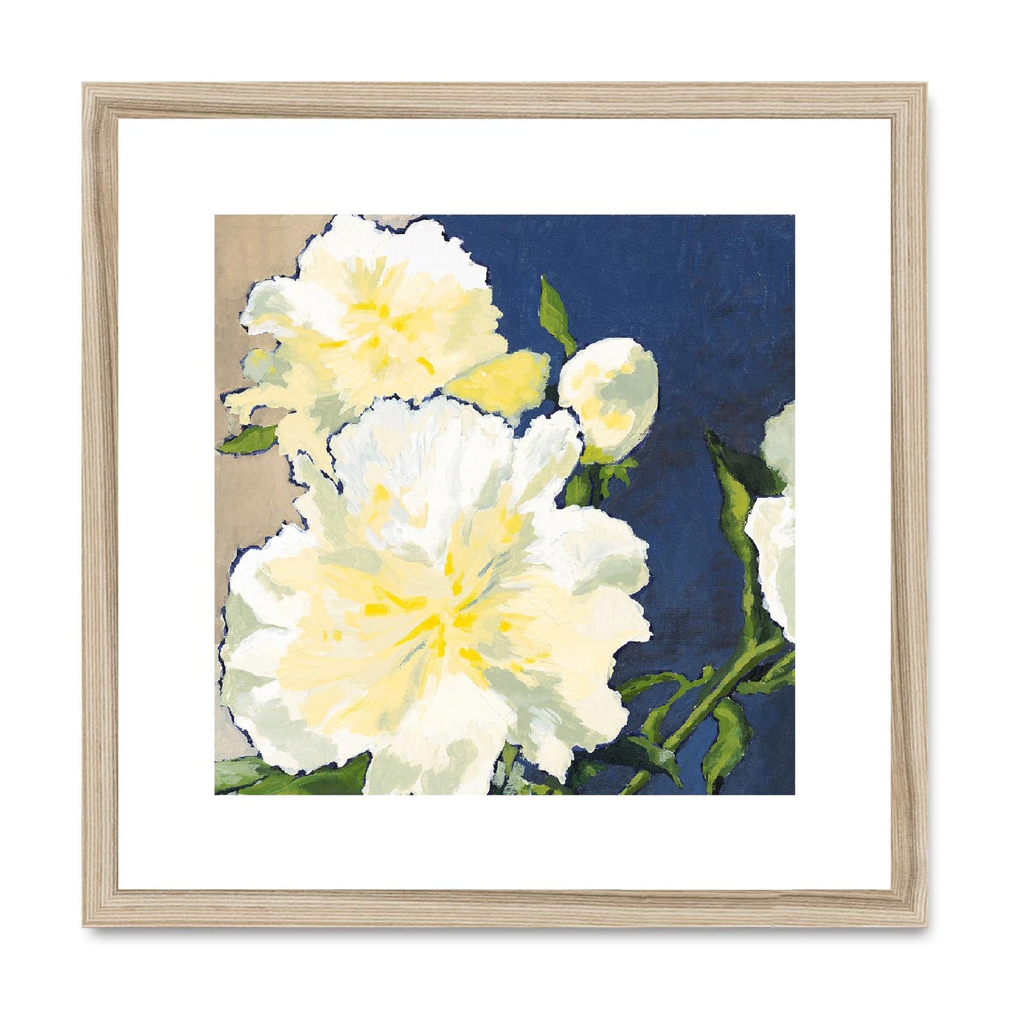 Framed Fine Art Print, White Mat,White Peonies in Acrylic, FPS-1050, 16"x16", Natural Frame