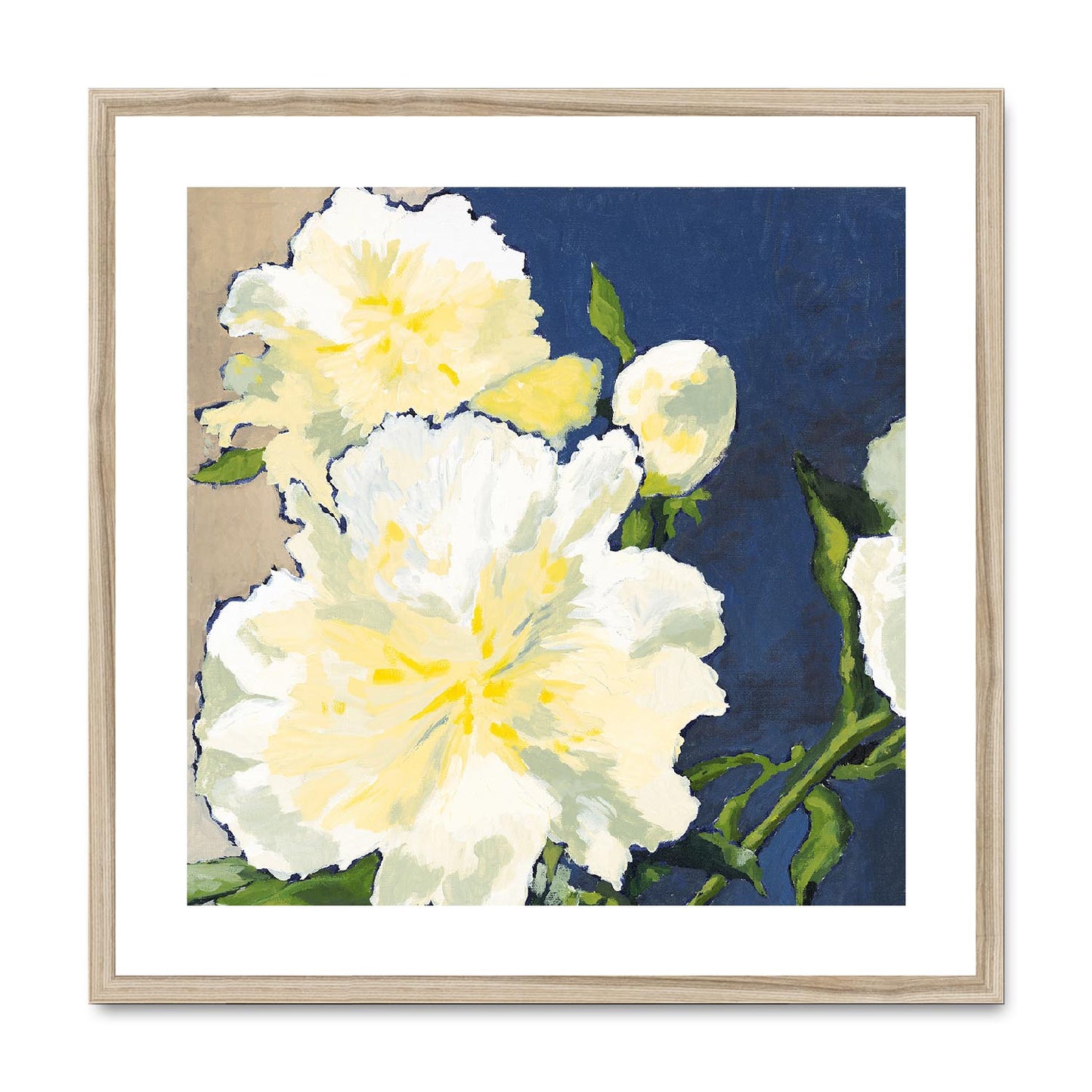Framed Fine Art Print, White Mat,White Peonies in Acrylic, FPS-1050, 24"x24", Natural Frame