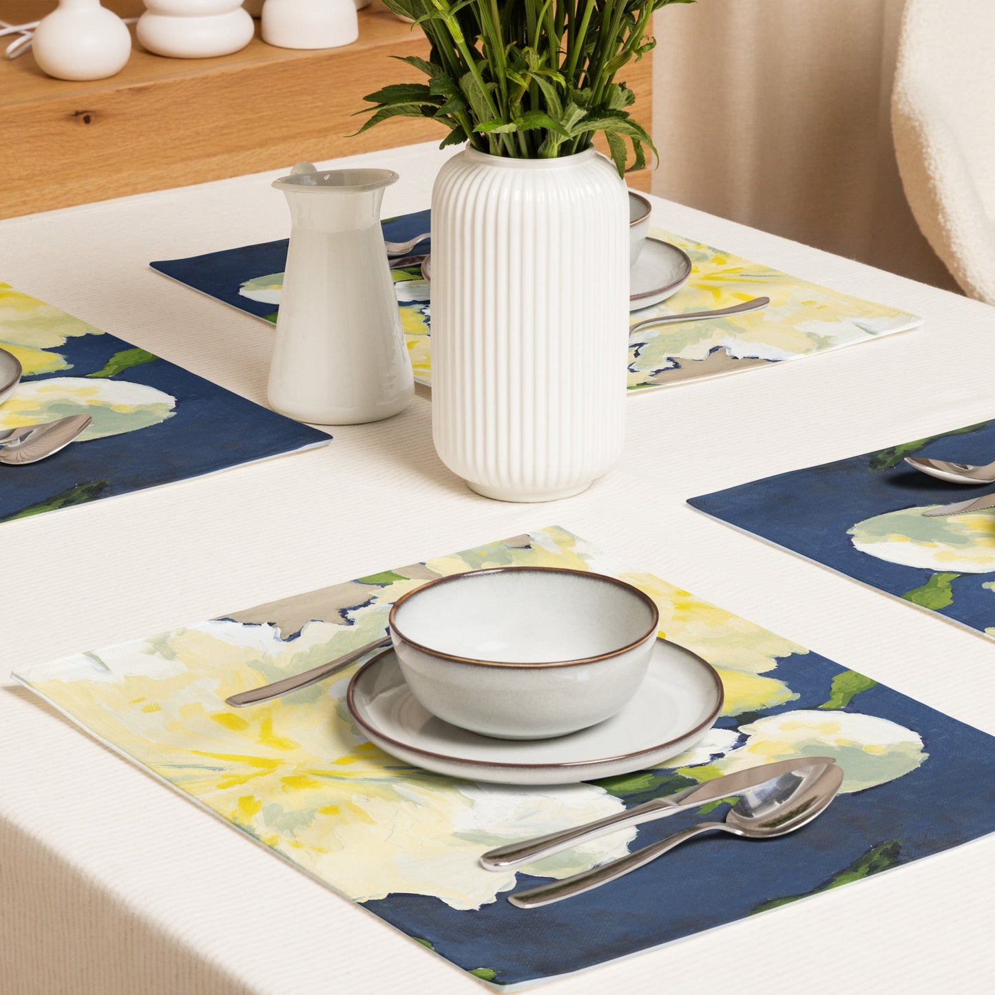 White Peonies — Fine Art Polyester Placemats — 4-Pc Set #PSFL-1050