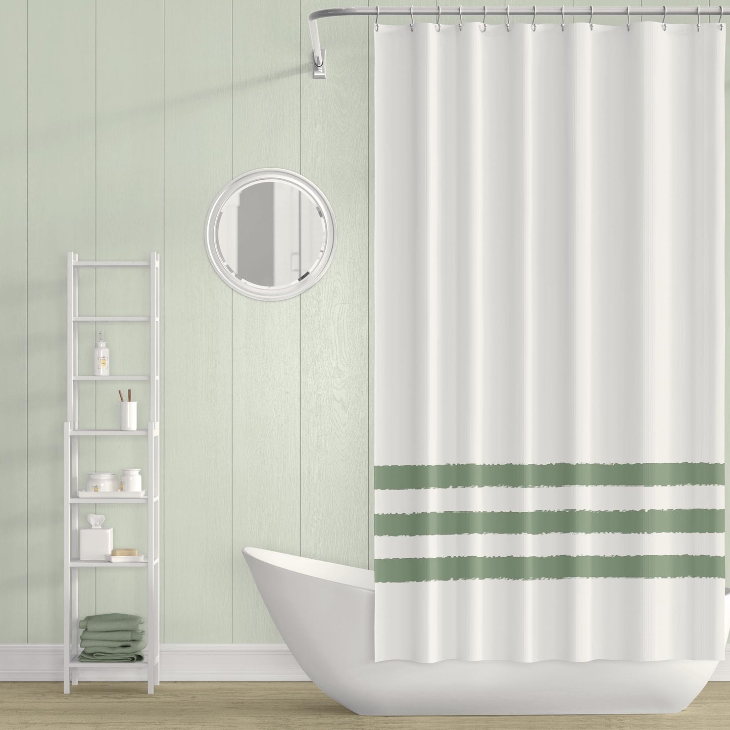 White Shower Curtain with Green Hand-painted Stripe Print | SC-1052-200