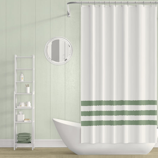 White Shower Curtain with Green Hand-painted Stripe Print | SC-1052-200