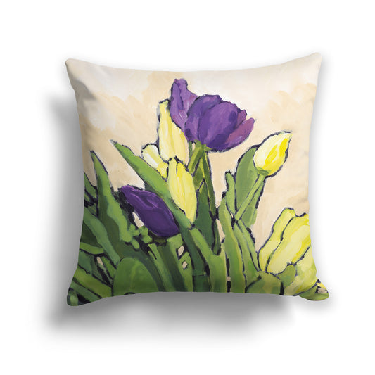 Square Throw Pillow with fine art painting of Purple and Yellow Tulips