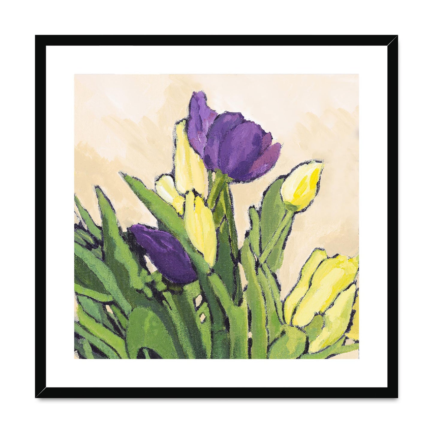 Framed Fine Art Print, White Mat, Purple & Yellow Tulips in Acrylic, FPS-1060-002, 24"x24", Black Frame