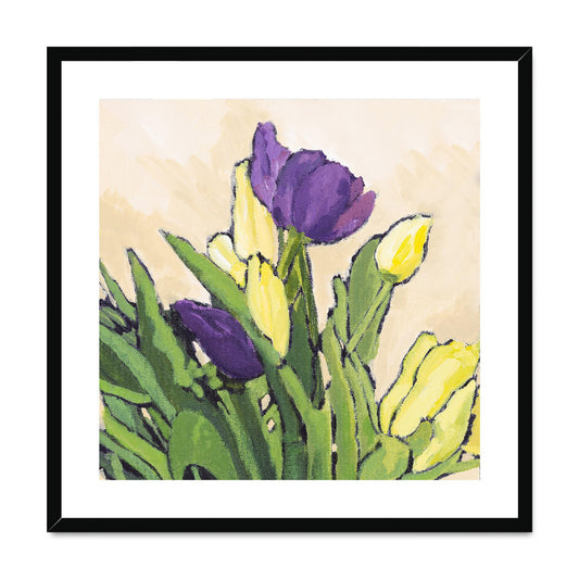 Framed Fine Art Print, White Mat, Purple & Yellow Tulips in Acrylic, FPS-1060-002, 24"x24", Black Frame