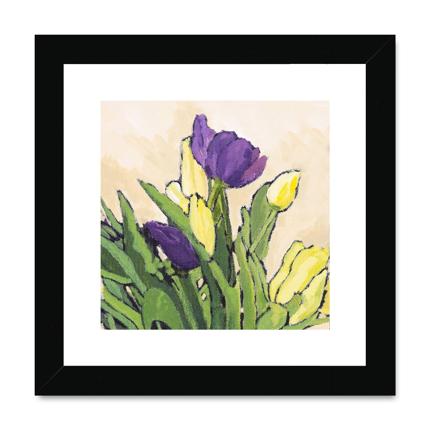 Framed Fine Art Print, White Mat, Purple & Yellow Tulips in Acrylic, FPS-1060-002, 8"x8", Black Frame