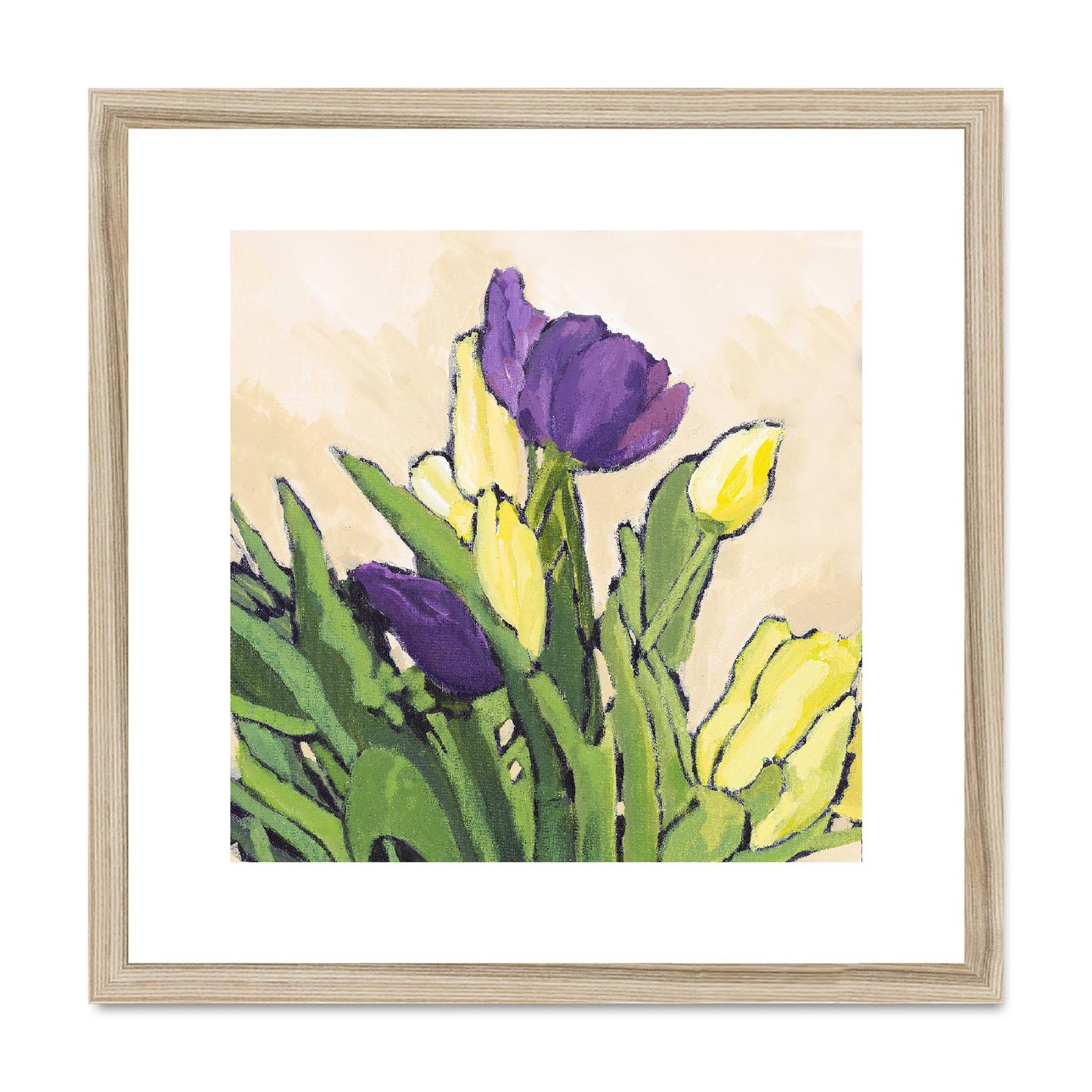 Framed Fine Art Print, White Mat, Purple & Yellow Tulips in Acrylic, FPS-1060-002, 16"x16", Natural Frame