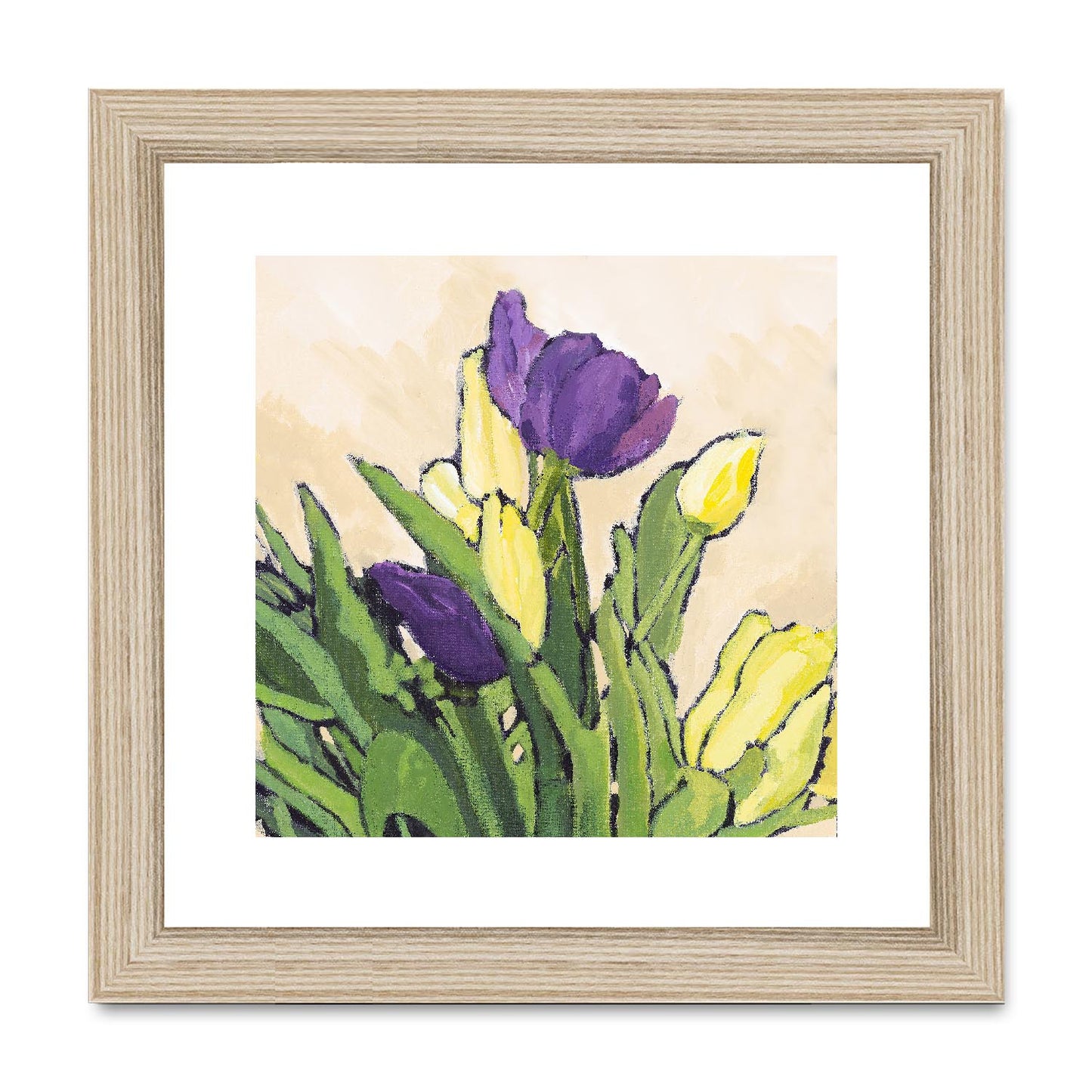 Framed Fine Art Print, White Mat, Purple & Yellow Tulips in Acrylic, FPS-1060-002, 8"x8", Natural Frame