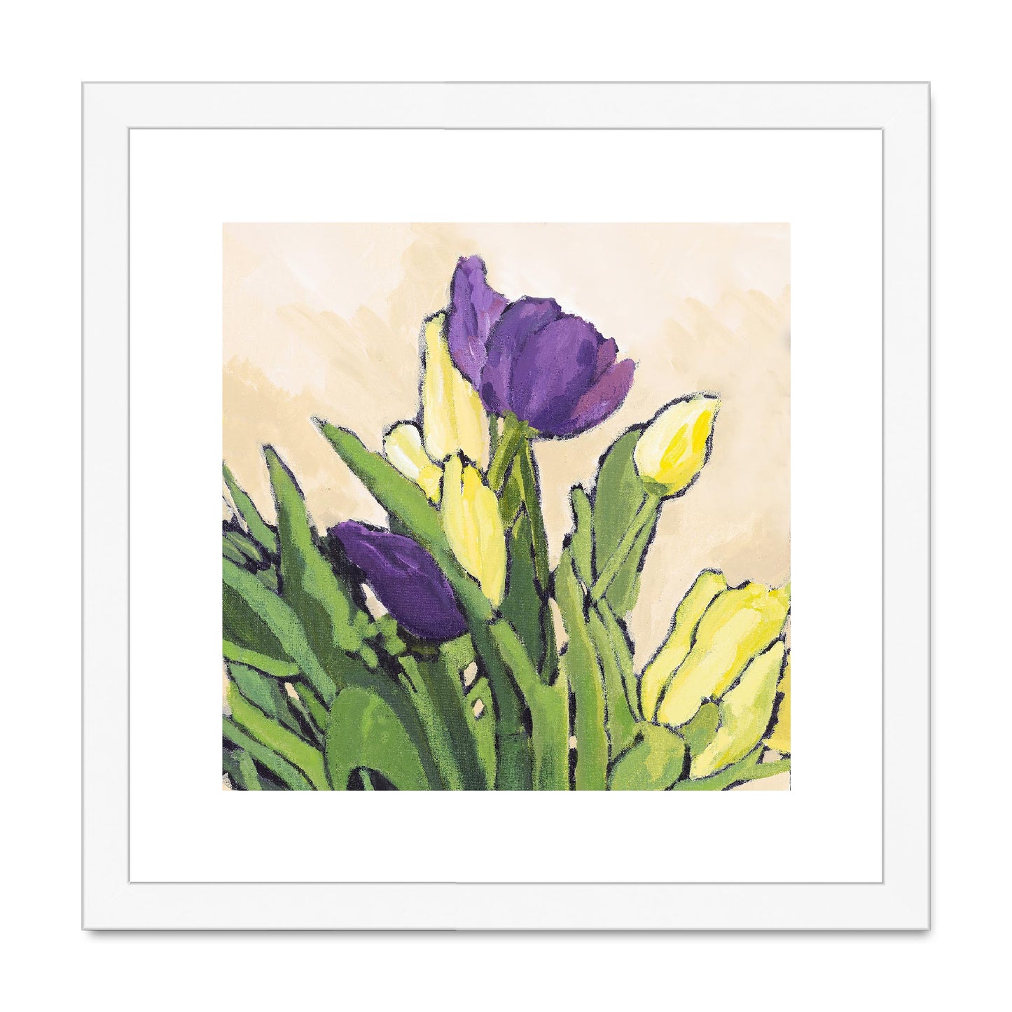 Framed Fine Art Print, White Mat, Purple & Yellow Tulips in Acrylic, FPS-1060-002, 12"x12", White Frame