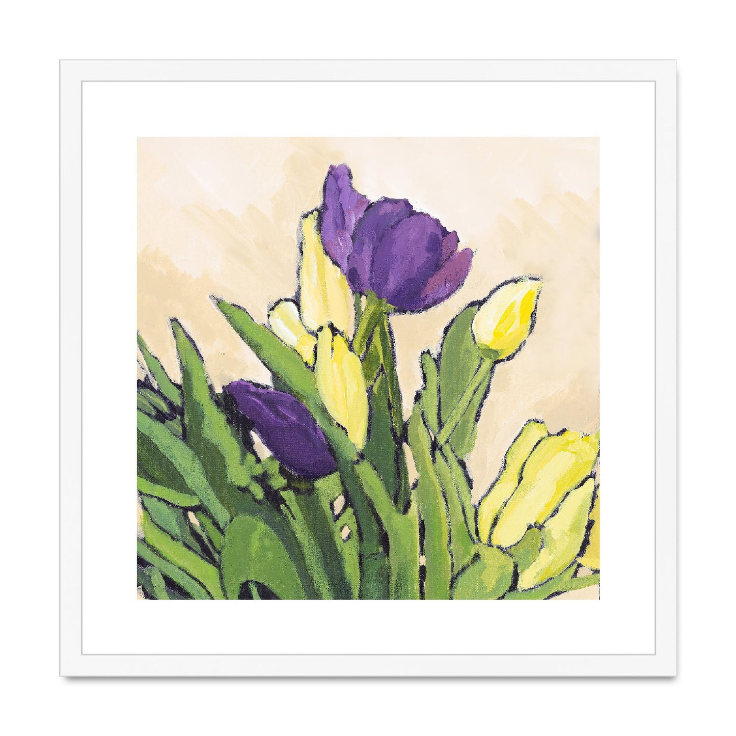Framed Fine Art Print, White Mat, Purple & Yellow Tulips in Acrylic, FPS-1060-002, 20"x20", White Frame