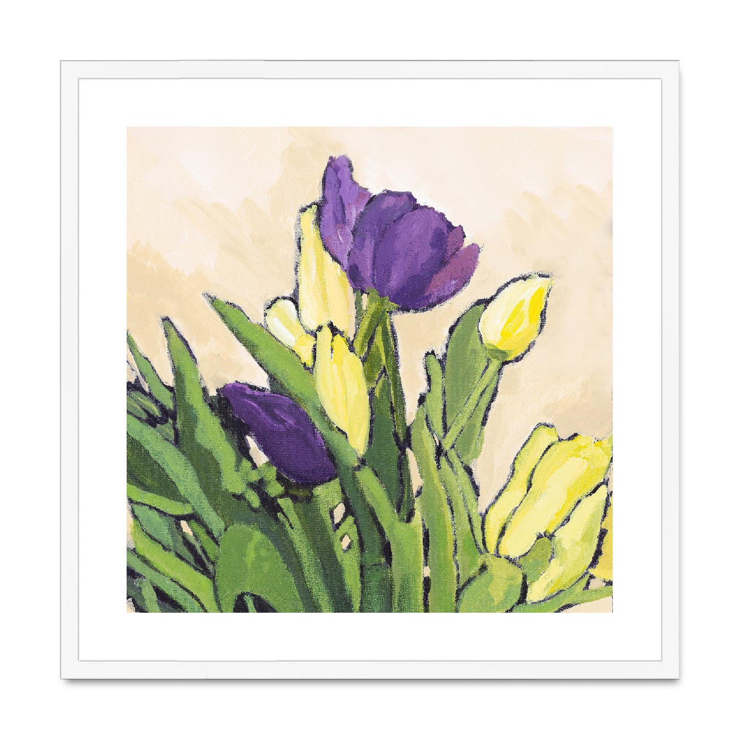 Framed Fine Art Print, White Mat, Purple & Yellow Tulips in Acrylic, FPS-1060-002, 24"x24", White Frame