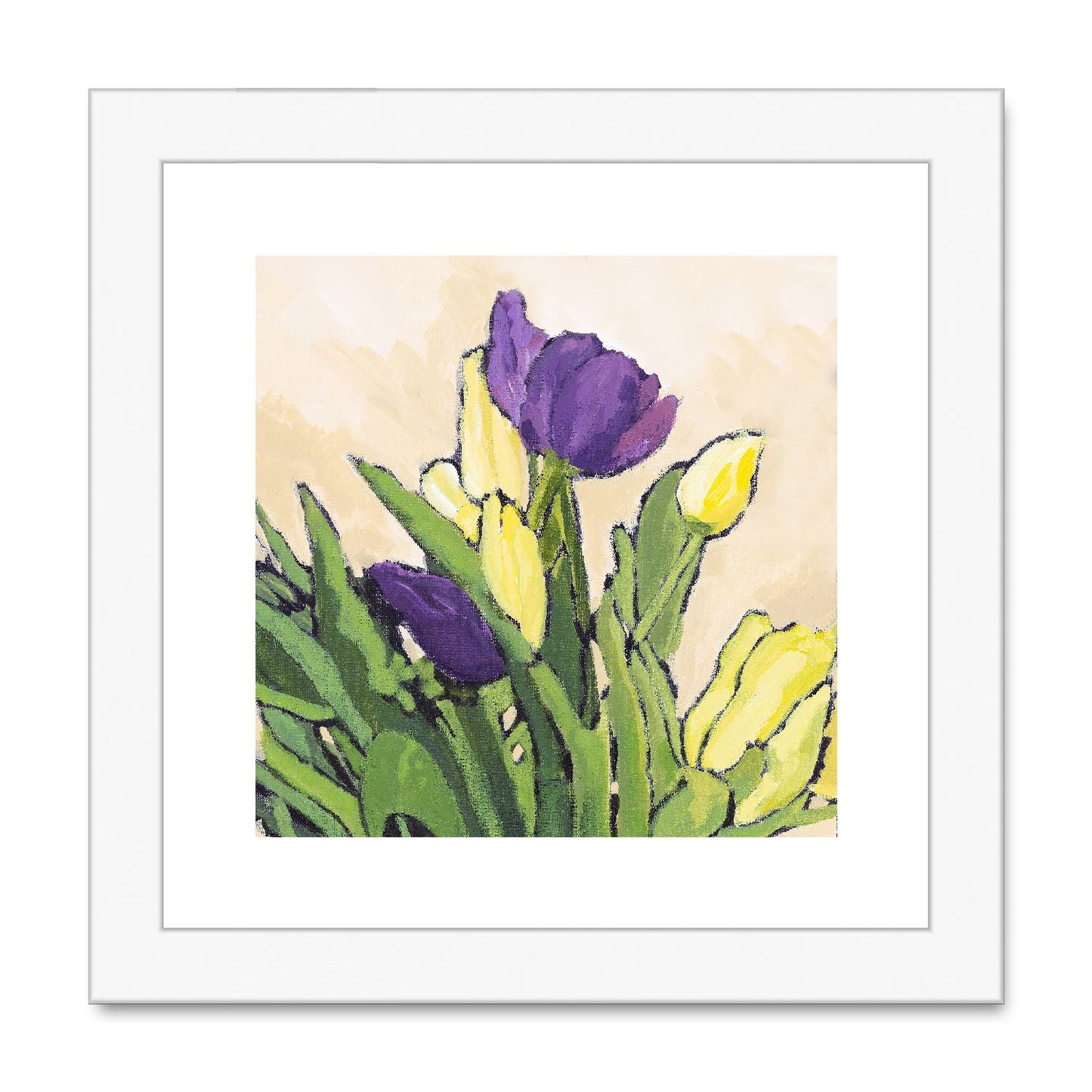 Framed Fine Art Print, White Mat, Purple & Yellow Tulips in Acrylic, FPS-1060-002, 8"x8", White Frame