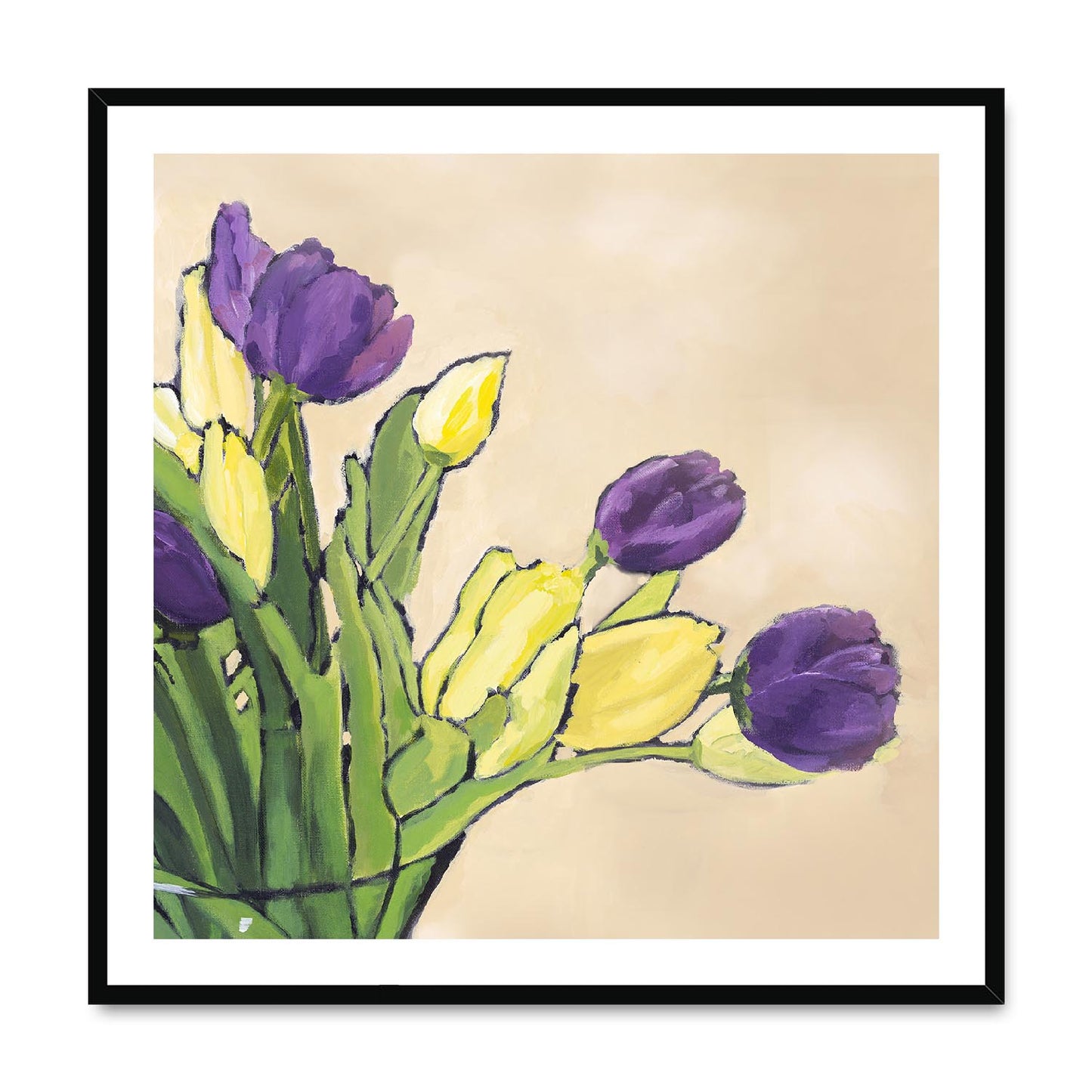 Framed Fine Art Print, White Mat,Purple & Yellow Tulips in Acrylic, FPS-1060-001, 36"x36", Black Frame