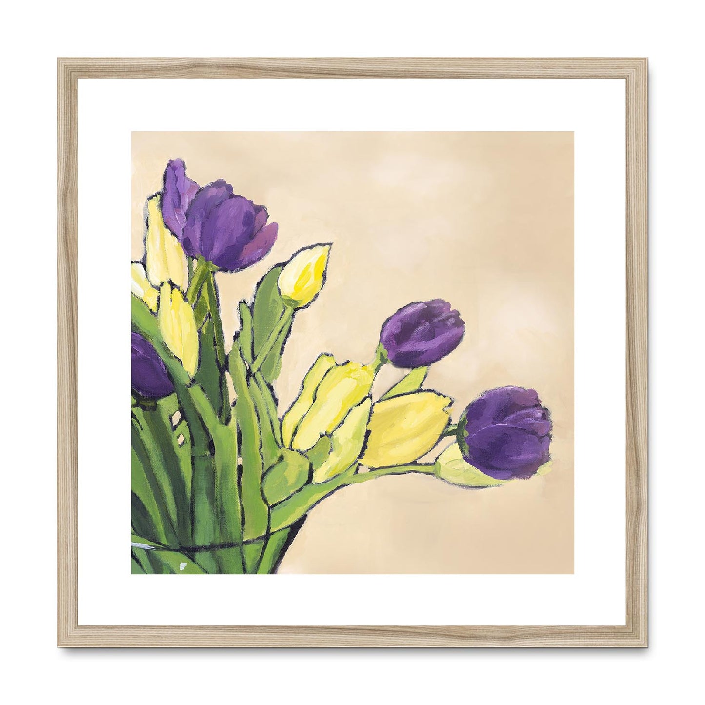 Framed Fine Art Print, White Mat,Purple & Yellow Tulips in Acrylic, FPS-1060-001, 20"x20", Natural Frame